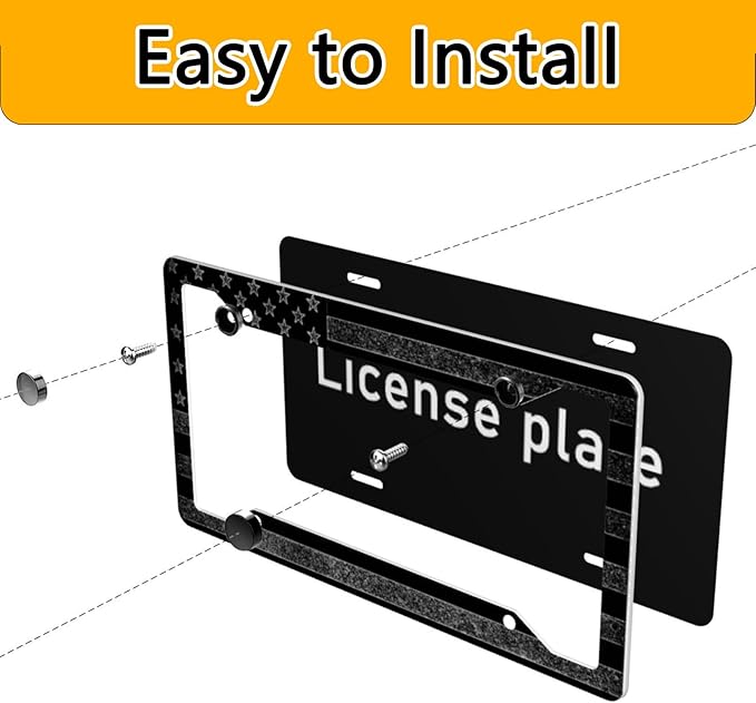 License Plate Frame 2 Pack Front Rear Aluminum Metal Rust-Proof Universal Car Tag Frames Holder with 4 Holes Car Decor Accessory with Screws for Men Women - Black Grey American Flag