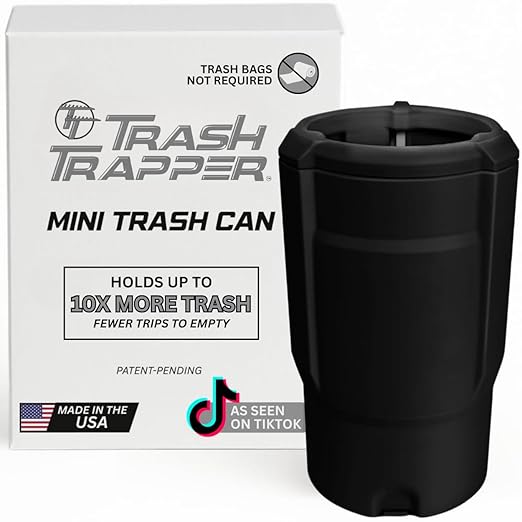 Trash Trapper The Cup Holder Trash Can for Car, Original Patent-Pending Trash Compaction Holds up to 10x More Trash to Save You Time, Portable Trash Can for Car, Stroller, Backpacks, Black/Grey