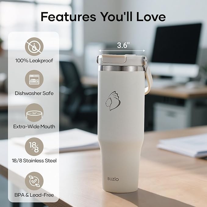BUZIO 32 oz Tumbler with Handle, Insulated Tumbler with 2-in-1 Lid and Straw, Stainless Steel Vacuum Insulated Iced Coffee Tumbler Cup Water Bottle for Water, Iced Tea or Coffee, Smoothie