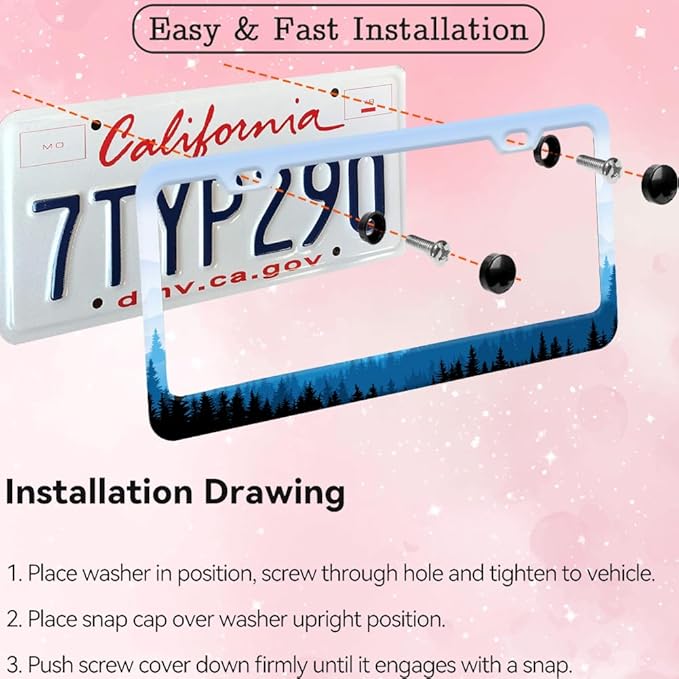 2pcs Mountain License Plate Frame for Women,Natural Pine Forest Mountain Horizon Landscape car Decorative tag Frames Girly,Blue Botanical License Plate Cover Holder for Vehicle with car Keychain tag