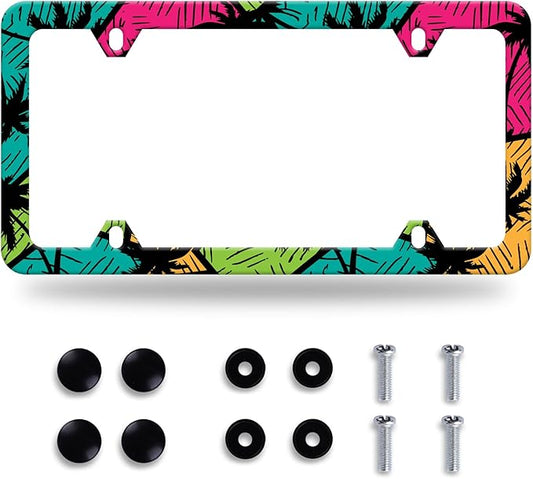 Tropical Palm Trees License Plate Frame Colorful License Plate Stainless Steel Auto Parts Funny License Plate Decorative with Screws Size 12.3" x 6.3" for Men Women