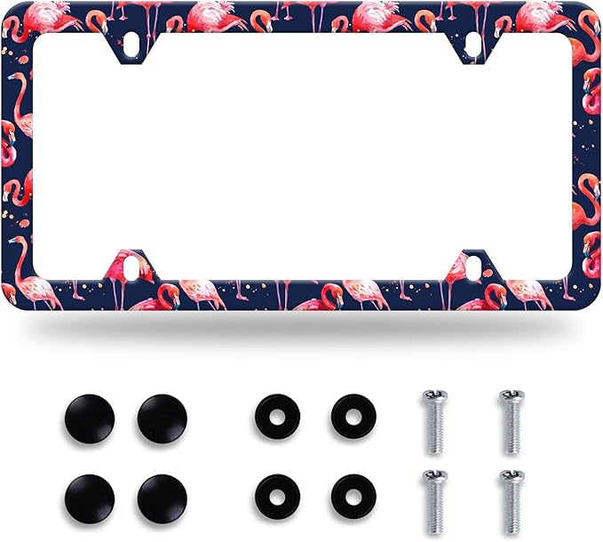 Flamingos License Plate Frame Lovely Pink License Plate Stainless Steel Auto Parts Funny License Plate Decorative with Screws Size 12.3" x 6.3" for Women Men
