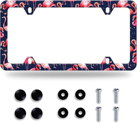 Flamingos License Plate Frame Lovely Pink License Plate Stainless Steel Auto Parts Funny License Plate Decorative with Screws Size 12.3" x 6.3" for Women Men