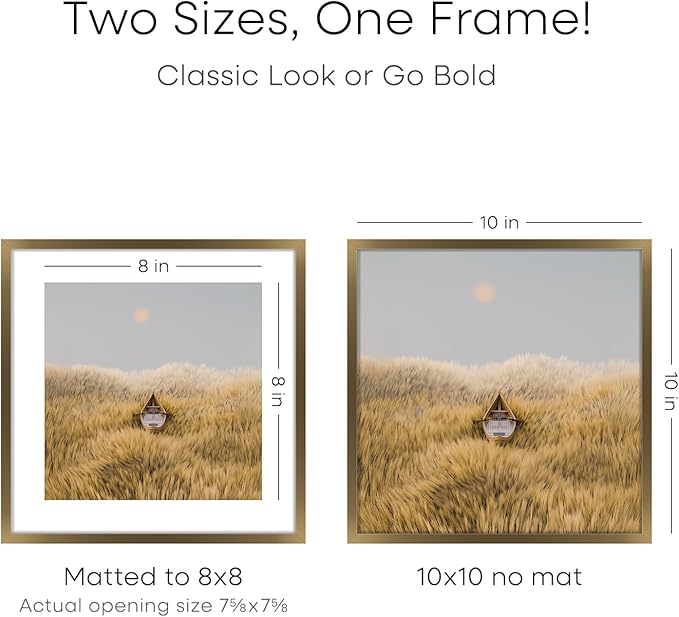Homeforia 10x10 Picture Frame Bronze, High End Metal 10 by 10 Square Brass Frames with Mat 8 x 8 Photo, 10x10 Poster Frame Matted to 8x8 Art, Wall or Tabletop Frame, Tempered Glass, Wall Kit, Set of 4