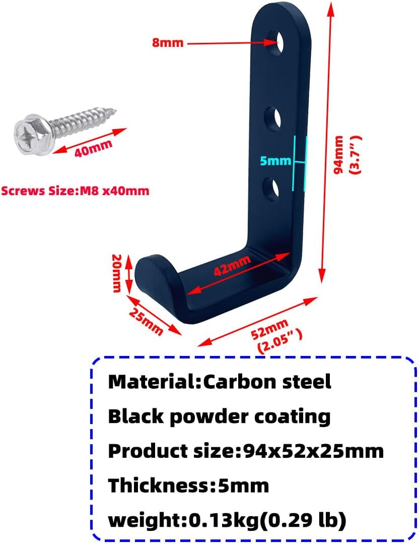 4 Pcs Heavy Duty Steel Wall J Hooks for Hanging,Garage Storage Utility Hooks Garden Tool Organizer, Wall Mount Hooks, Small U Hooks,Black (M)