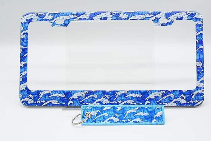 2pcs Blue Ocean Wave License Plate Frame for Women, Japanese Traditional Waves Print car Decorative tag Frames Girly Cute License Plate Cover Holder for Vehicle with Double Sided car Keychain tag