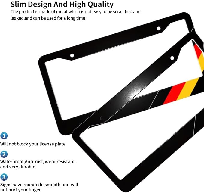 German License Plate Frame - 2Pcs Germany Flag Aluminum Metal License Plate Frame Personalized German Car Tag Frames Holders Covers Design Fits for Men Women Generic U.S. License Plates with Screws