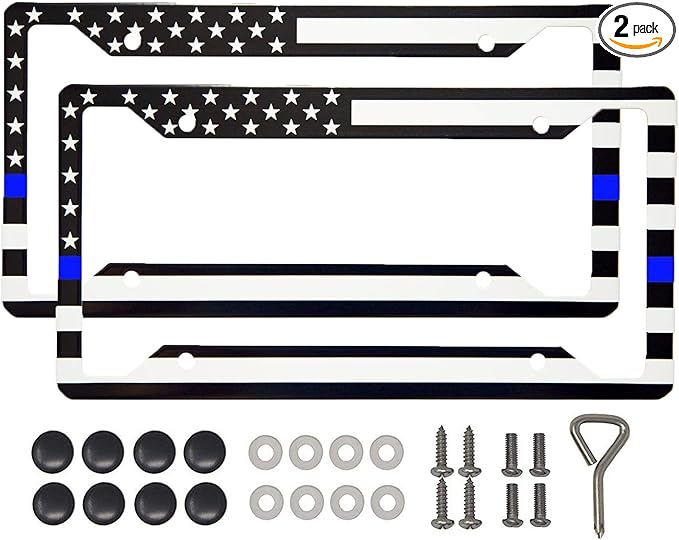 International Tie Premium License Plate Frame, Made with High Grade 304 Stainless Steel (USA Thin Blue Line - 2 Pack)
