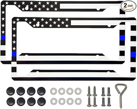 International Tie Premium License Plate Frame, Made with High Grade 304 Stainless Steel (USA Thin Blue Line - 2 Pack)