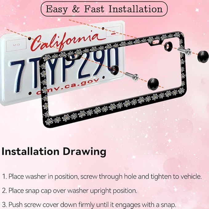 1pcs Black and White Daisy License Plate Frame for Women, Daisies Floral car Decorative tag Frames Girly, Flower License Plate Cover Holder for Vehicle with Double Sided car Keychain tag