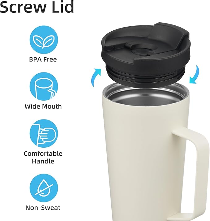 Insulated Tumbler with Handle and Straw, 22 OZ Travel Coffee Mug Stainless Steel Cup Metal Water Bottle,Angel White