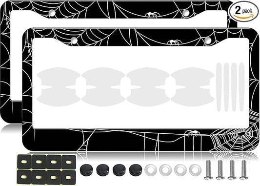 2PCS Spider Web Pattern License Plate Frames for Men Women - Universal Aluminum Stainless Steel Personalized Car Tag Covers Holder with Screws, Caps, Rattle Proof Pads and Handlebar Stickers