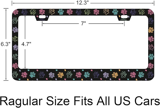 Colorful Doodle Paw Print Black Background License Plate Frames Rust-Proof Stainless Steel Screws Fasteners Included Personalized Cover for Women and Men 12.3x6.3 Inch License Plate Holder -DATANSEN