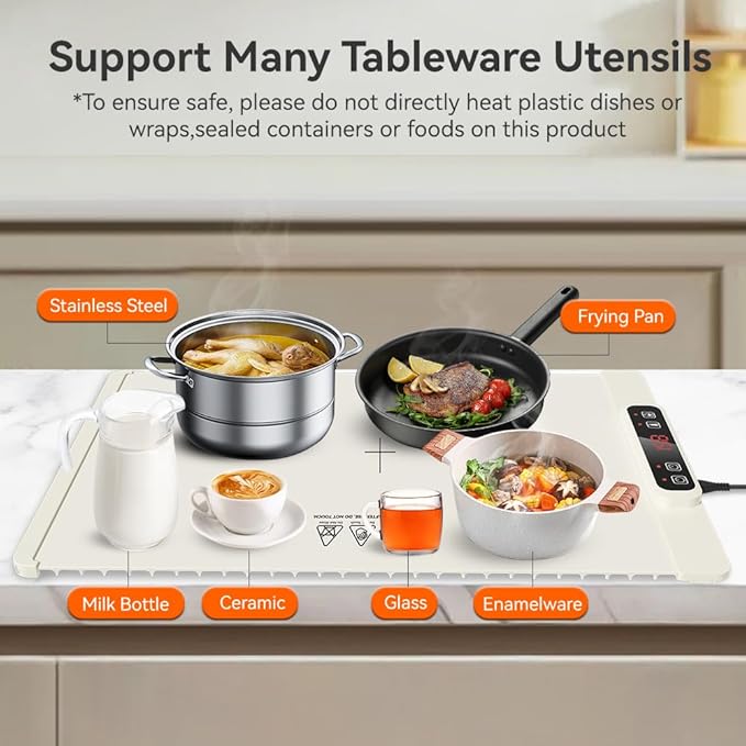 Electric Warming Tray, Fast Full Surface Heating Food Warming Mat, Portable Silicone Warmer with 5 Adjustable Temperature & Auto Shut-Off, Foldable Food Warmer for Parties, Gatherings, Daily Use