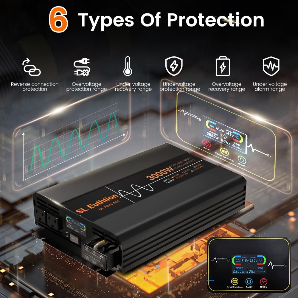 3000W/6000W(Peak) Pure Sine Wave Car Power Inverter 12V DC to 120V AC 60HZ with LCD Display, USB Port, Wireless Remote Control（10M) for Car Home Laptop Truck