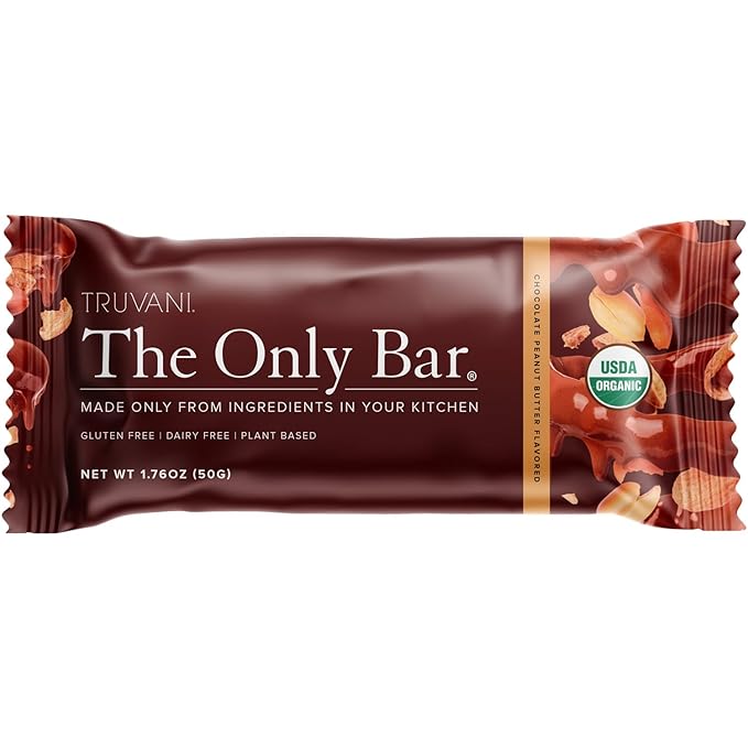 Truvani Plant Based Snack Bars | Chocolate Peanut Butter 1 Pack | 7g Protein | USDA Organic and Vegan | The Only Bar | Dairy, Soy, and Gluten Free | Individually Wrapped