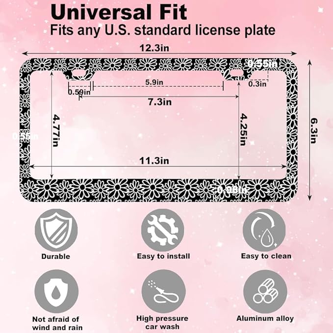 2pcs Vintage Black and White Daisy Floral License Plate Frame for Women, Minimalist Daisy Flower car Decorative tag Frames Girly, Aesthetic Black White Floral License Plate Cover Holder for Vehicle