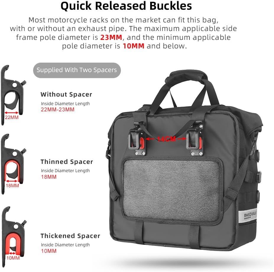 Rhinowalk Motorcycle Saddle Bag Waterproof Motor Pannier Bag Luggage Pack Quick Release Motorbike Side Bag 25L (Black)