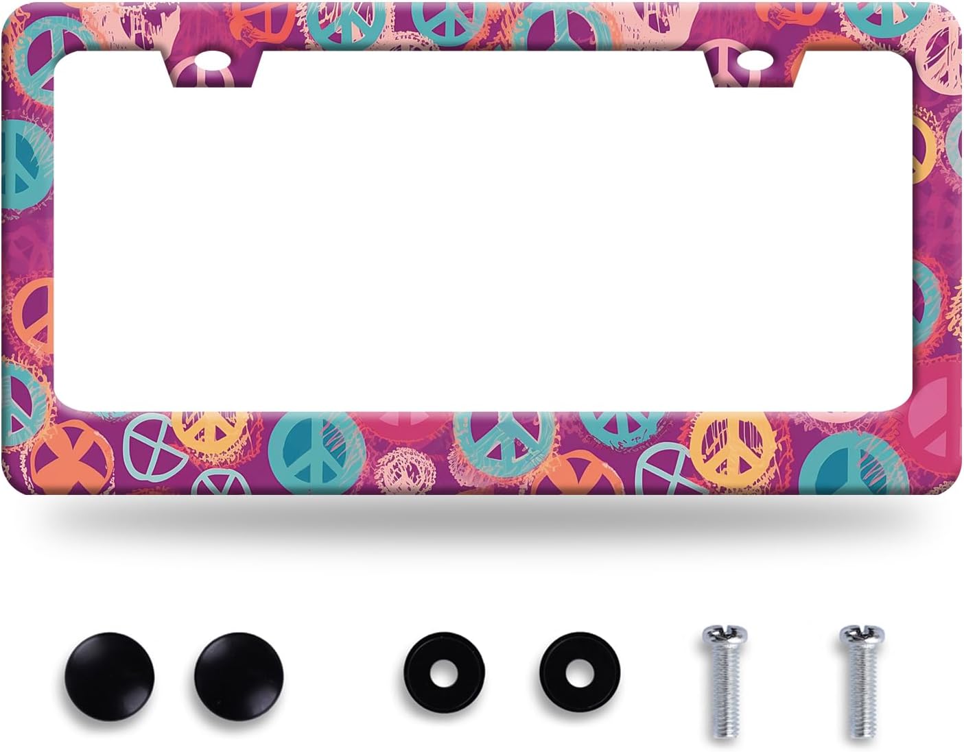 Groovy Hippie Peace Sign License Plate Frame Pink License Plate Frames Stainless Steel Accessories Cars Decor with 2 Holes and Screws Fits Standard US CA Vehicles Size 12.2 x 6 Inches