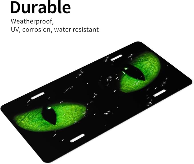 Front License Plate Green Cat Eye Vanity Plates Aluminum Metal Decorative Car Tag Face Novelty License Plate Cover for Men Women ‎6 * 12 in (4 Holes)