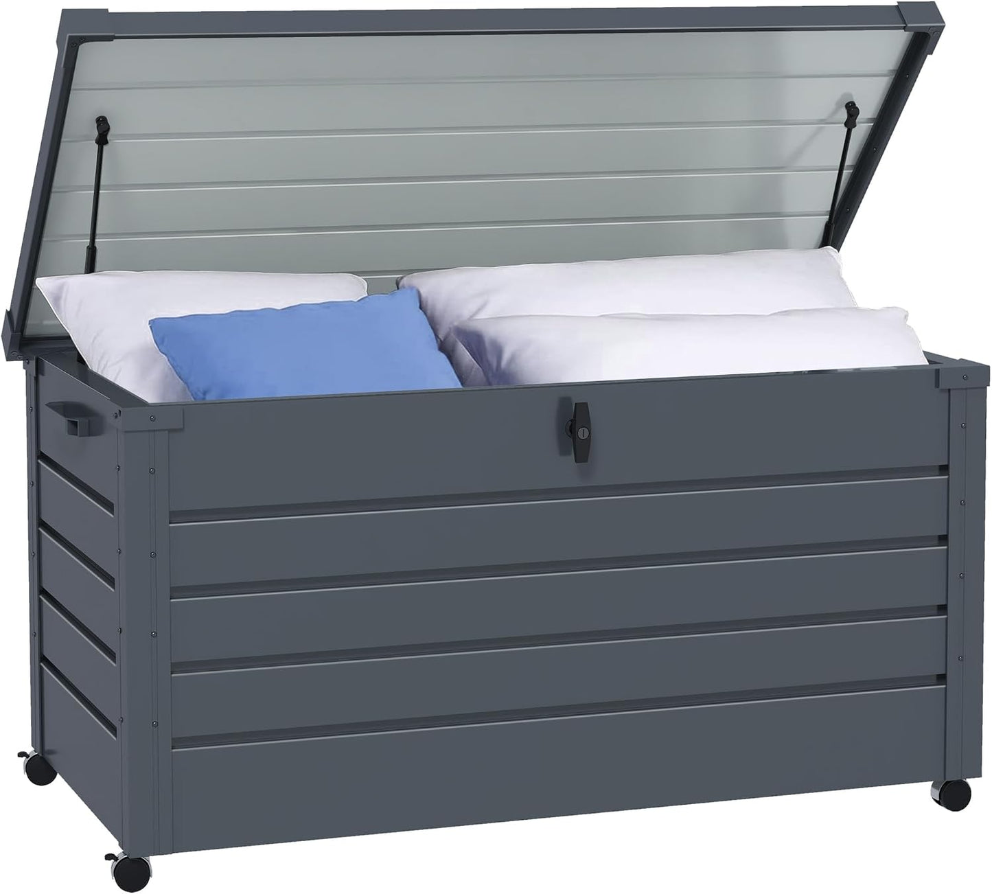 Outsunny 82 Gallon Garden Storage Box, Waterproof Outdoor Storage Container with Wheels and Handles, Lockable Galvanised Steel Outside Deck Box for Tools, Cushions, Dark Grey