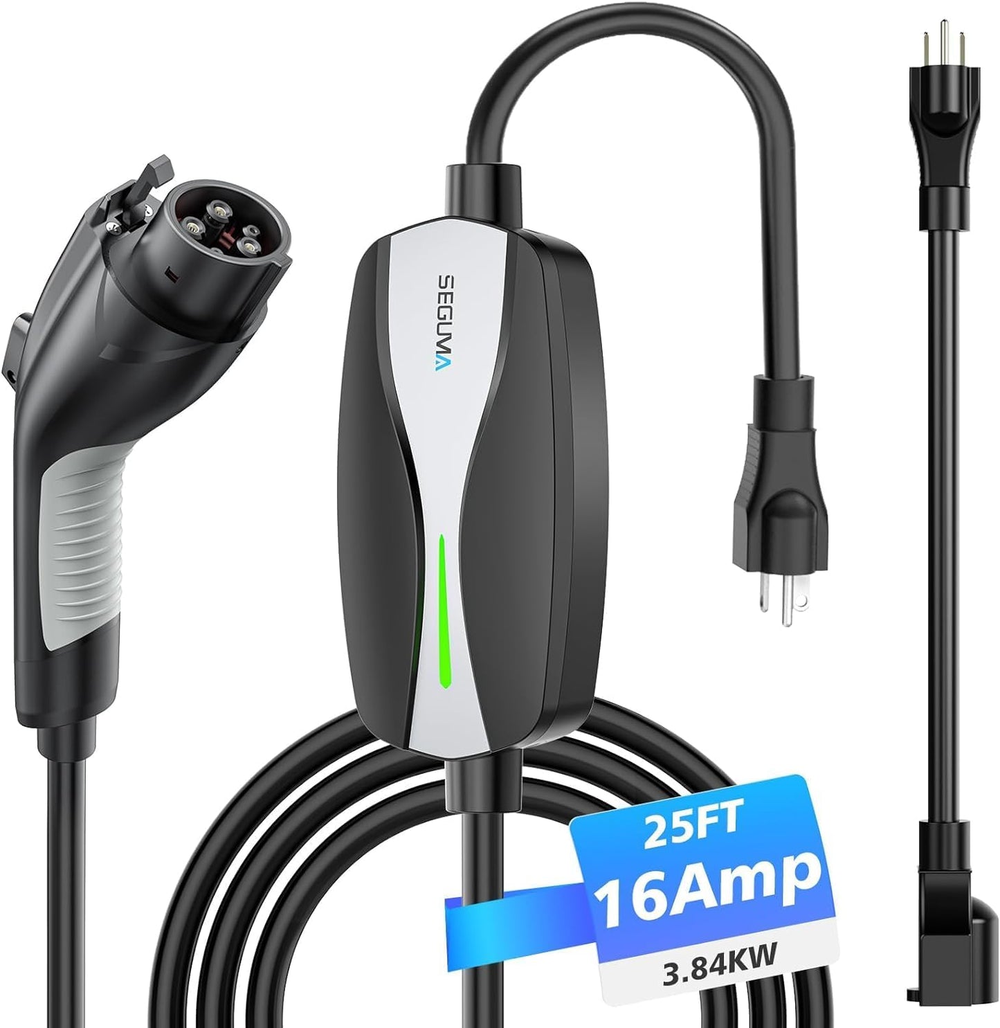 Level 1/2 EV Charger, 16Amp Electric Car Charger 25FT Cable with NEMA 6-20 Plug and NEMA 5-15 Adapter, Home Mobile EV Charging Station for J1772 BEVs/PHEVs 110V-240V(Black)
