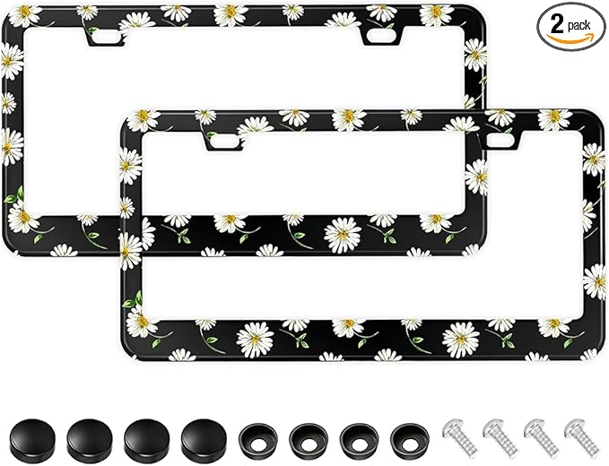 2PCS Daisy License Plate Holder with Leaf,Beautiful Chrysanthemum License Plate Frame, Personalized Floral Car Accessory Holder for Men and Women