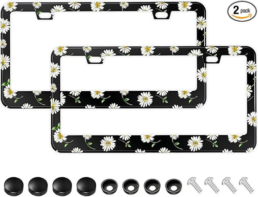 2PCS Daisy License Plate Holder with Leaf,Beautiful Chrysanthemum License Plate Frame, Personalized Floral Car Accessory Holder for Men and Women