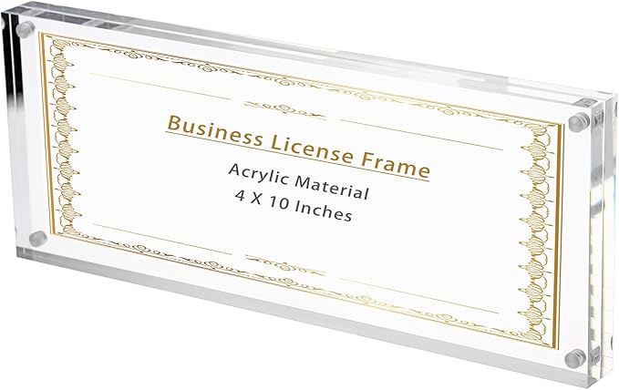 JUXYES Clear Acrylic Business License Frame Magnetic License Certificate Display Frame, Acrylic Sandwich Frames Frameless Panoramic Picture Frame Tabletop Magnetic Frames for Business License, 4x10