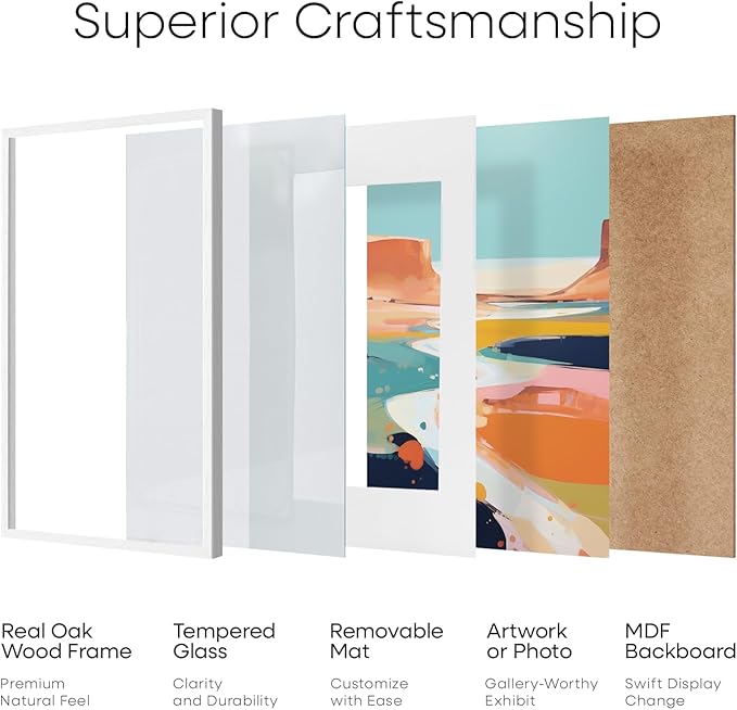 Homeforia White Frame 11x14 Wood, High End Oak 11x14 Picture Frames with Mat 8x10, 11 x 14 White Wooden Poster Frame Matted to 8 x 10 inch Photo, 14by11 Thin Frames, Tempered Glass, Wall Kit, Set of 1