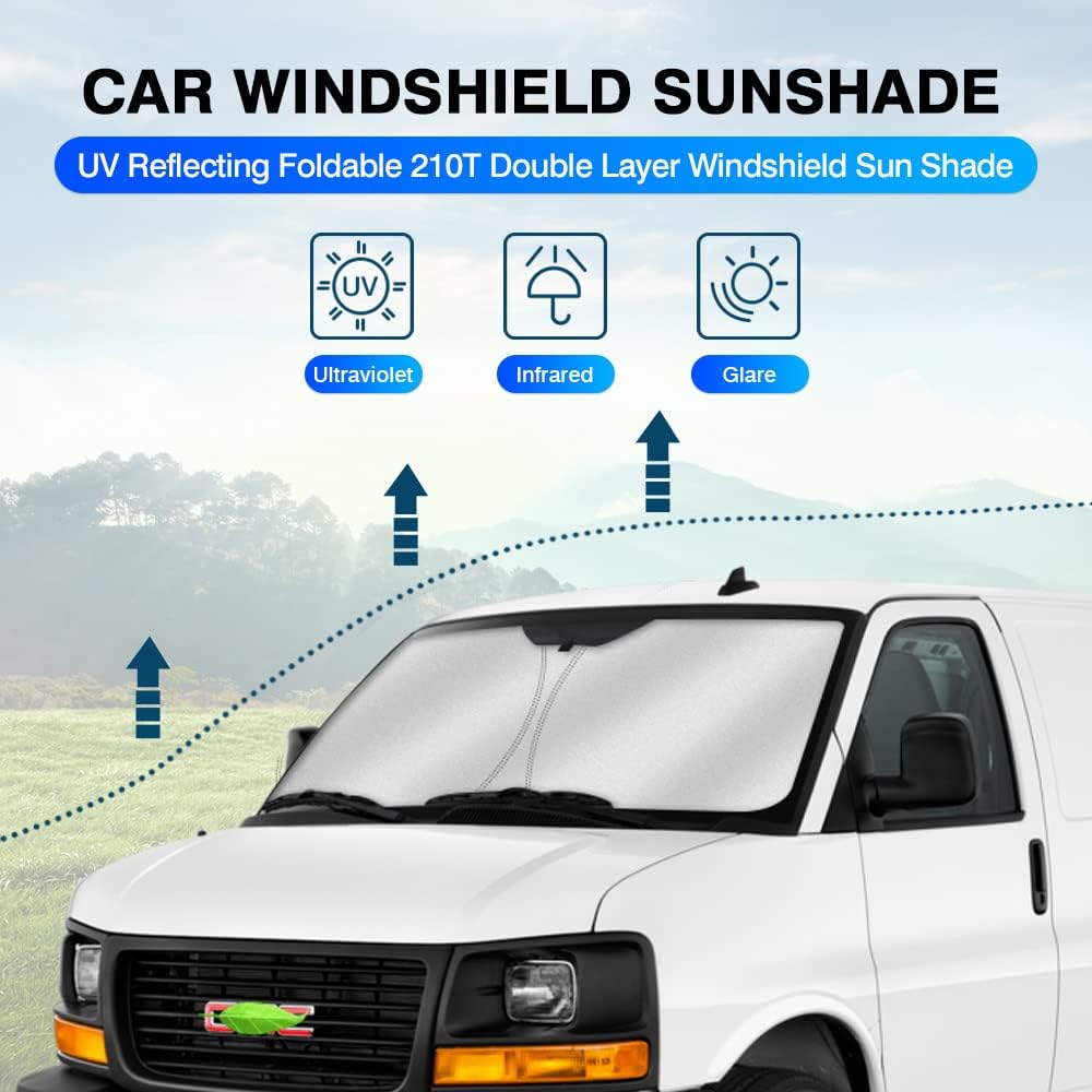 KUST Windshield Sun Shade for 1996-2024 GMC Savana Van Accessories, Passenger & Cargo Van Window Sunshade Sun Visor Protector Foldable Blocks UV Rays Keep Your Car Cooler