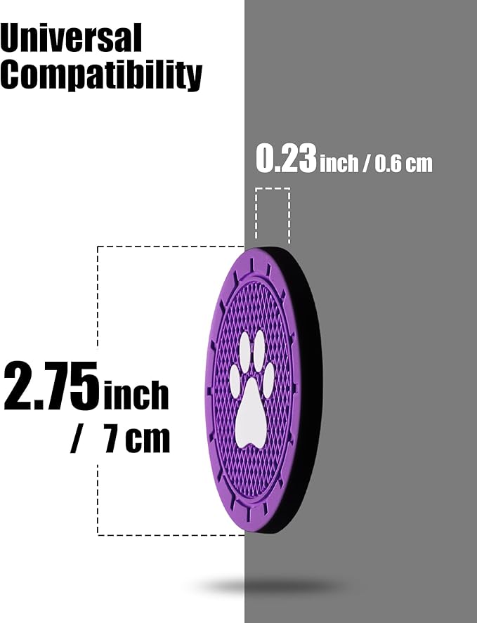 4 Pack Car Cup Coasters, Universal Dog Paw Print Non-Slip Silicone Cup Holder Inserts, Car Interior Accessories, Purple