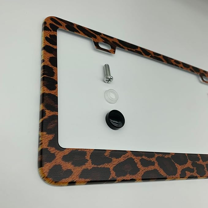 Leopard Cheetah Print Brown and Black License Plate Frame Cover, Matte White Powder Coated Stainless Steel, Animal Print Auto Car Tag Frame with 2 Holes & Free Screws