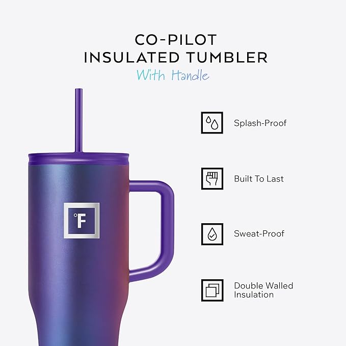 IRON °FLASK Co-Pilot Insulated Mug w/Straw & Flip Cap Lids - Cup Holder Bottle for Hot, Cold Drink - Leak-Proof - Water, Coffee Portable Travel Mug - Cashmere Cream, 32 Oz
