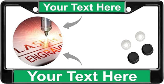 Custom Personalized Black Powder-Coated Metal Laser Engraved Standard Size - Car/Automobile License Plate Frame with Free caps - Green/White Text (Qty: 1 Frame)