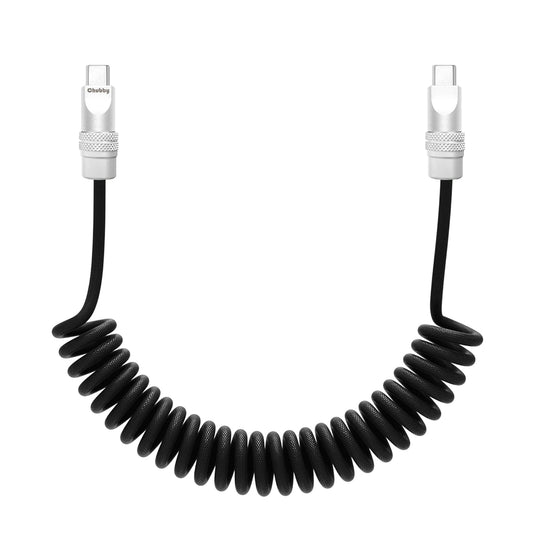 chubbycable Curly Chubby - Retractable Fast Charging Cable 240W Coiled Charger Cord for Car Durable USB-C Cable for Phones, Tablets and More, Black, Type-C to Type-C, 1.3FT-2.3FT