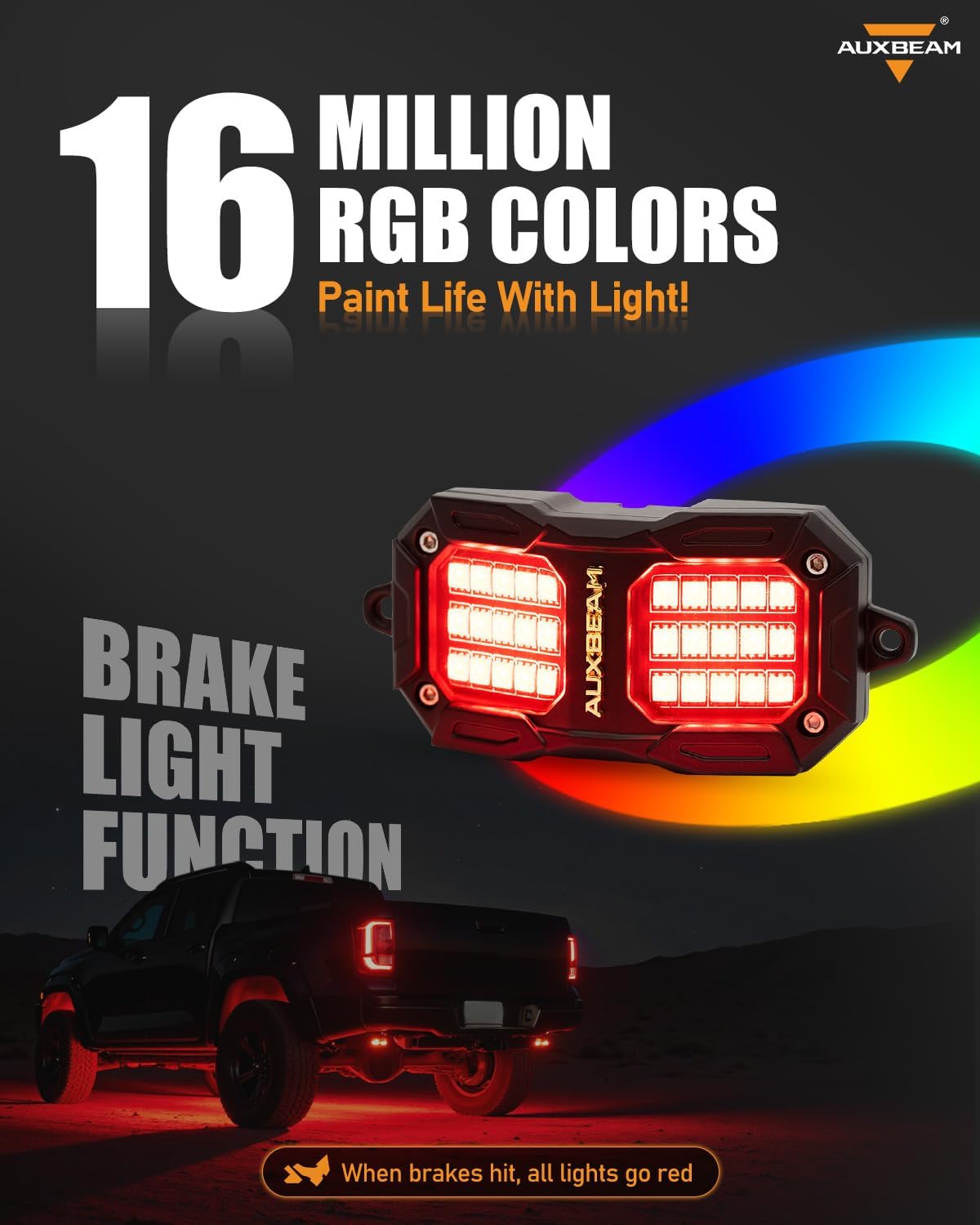 Auxbeam 4 Pods LED Rock Lights w/Brake Mode, Chasing Color RGB Wheel Well Lights w/Bluetooth APP& Remote Control, Music Voice Sync Underglow for Trucks UTV ATV Boat Waterproof, 1 Year Warranty