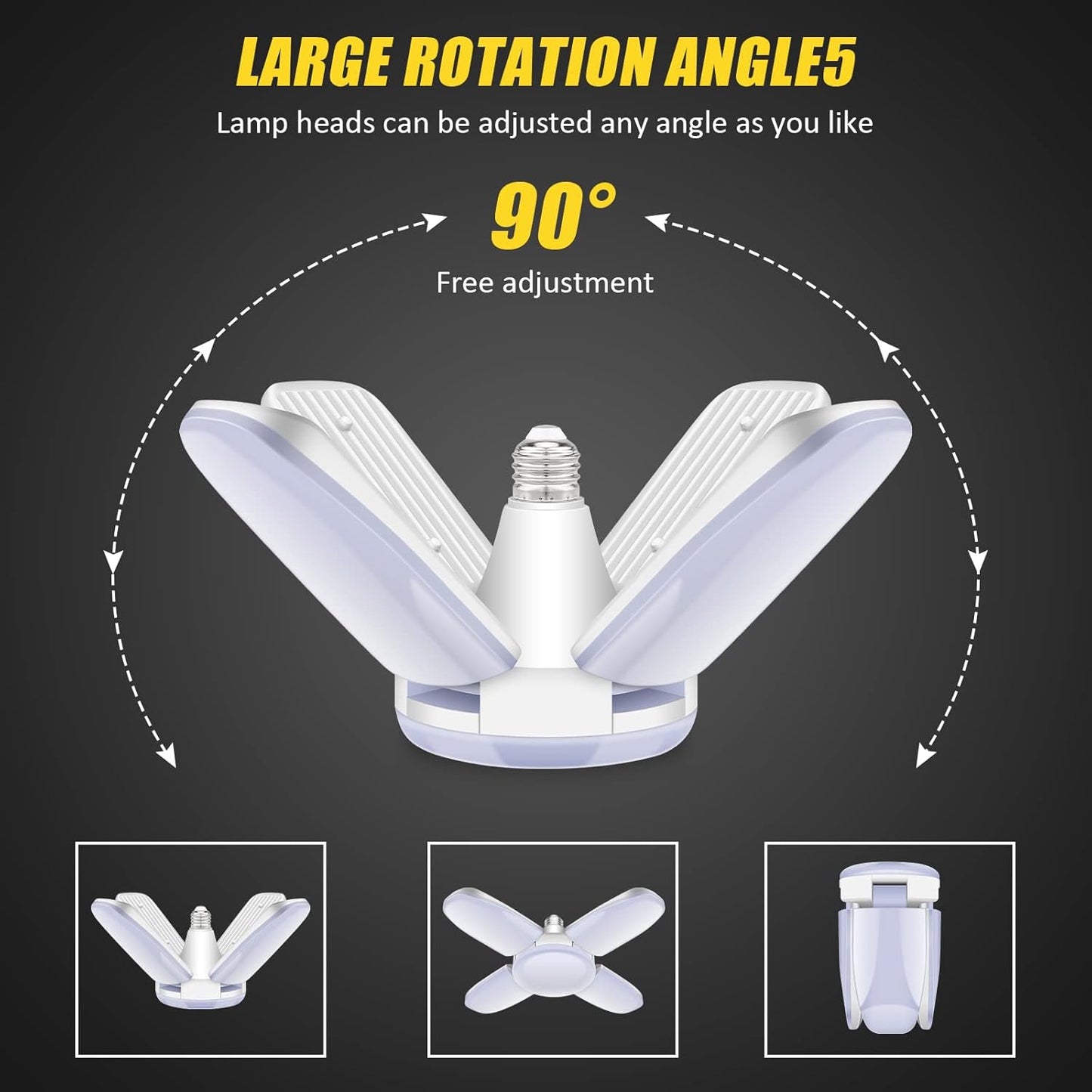 LED Garage Lights 4 Pack, 80W LED Shop Light with 4+1 Multi-Position Panels Deformable E26/E27 Ceiling Light, 6500k 8000LM Ceiling Led Daylight for Shop, Basement, Workshop, Attic, Barn