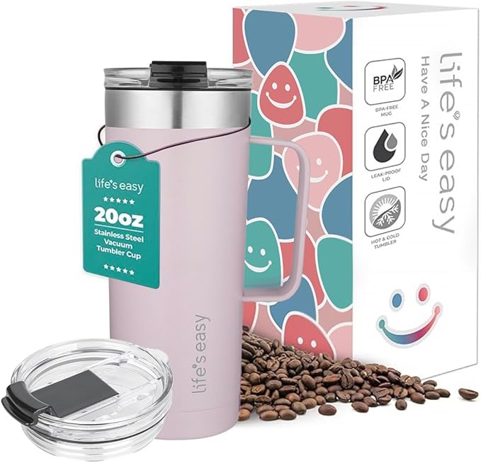 Life's Easy 20oz Stainless Steel Mug w/Handle - Double Wall Insulated Travel Tumbler w/Flip Lid - Leak Proof Tumbler-Thermal Cup for Coffee, Tea & More - Keep Hot & Cold Drinks (Lavender, 20 oz)