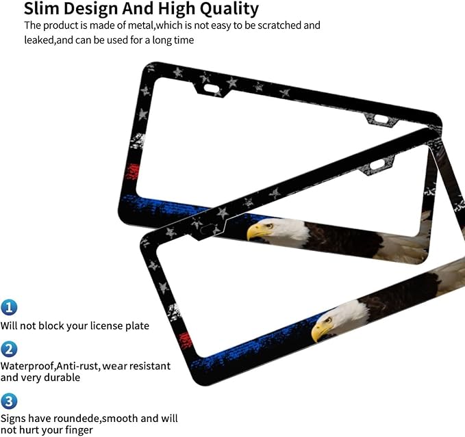 Eagle USA Flag License Plate Frames Funny Cute for USA Canada Vehicles Standard Car Tag Cover Holder Aluminum Metal for Women Men Auto Decoration Hardware Included
