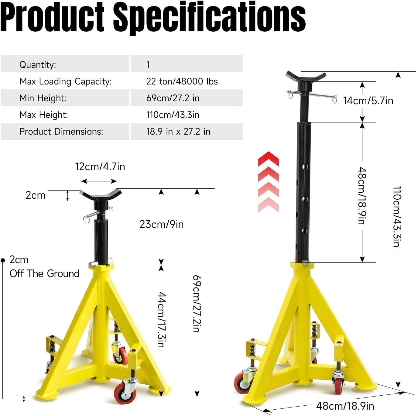 22 Ton (48,000 lbs) Jack Stands Heavy Duty Jack Stand Double Locking Pin Type Car Jack Stand Adjustable Height to 43'' with 360° Wheels for Garage, Repair Shop and DIY, 1 Pair