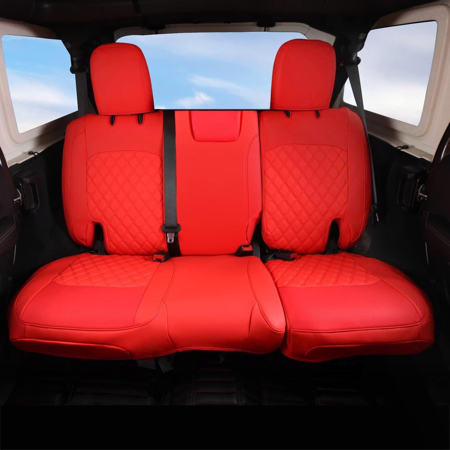 GIANT PANDA Customized Full Set Car Seat Covers for Jeep Wrangler 4 Door JL Sahara Sport Rubicon Unlimited Willys 2018 2019 2020 2021 2022 2023 2024 2025 Without Rear Cup Holder,Faux Leather - (Red)