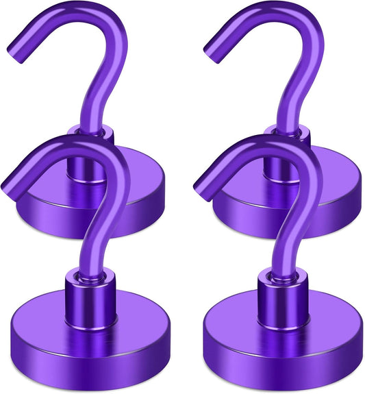 MIKEDE Magnetic Hooks, 40Lbs+ Heavy Duty Magnet Hooks for Cruise Cabins, Super Neodymium Hanging Hooks Strong Magnets with Hook for Fridge, Magnetic Hanger for Grill, Toolbox, Storage(Purple, 4 Pack)