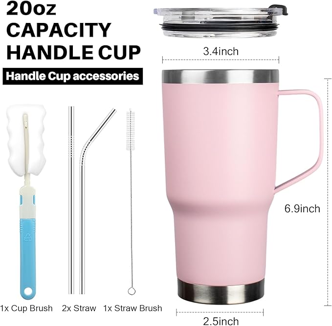 20 oz Tumbler with Handle, Stainless Steel Insulated Tumbler with Lid and Straw, Double Wall Vacuum Insulated Coffee Mug Tumbler, Insulated Coffee Thermal Cup for Cold and Hot (Pink)