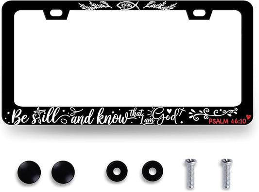 Personalized Jesus License Plate Frame Psalm 46:10 Be Still and Know That I Am God License Plate Holder Funny Text Auto Parts Stainless Steel Universal Cars Decoration for Men Women 12.2" x 6.2"