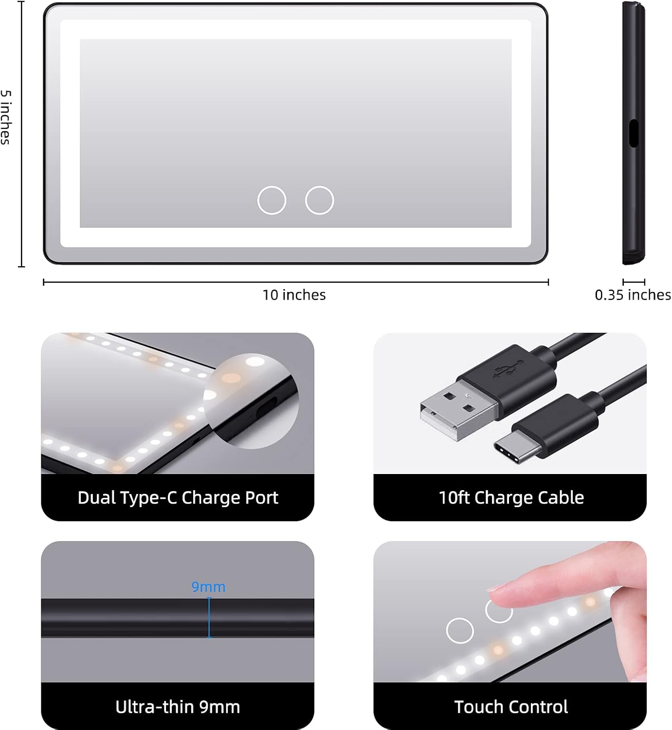 Car Sun Visor Vanity Mirror, with 3 Light Modes & 60 LEDs - Rechargeable Dimmable Clip-on Rear View Sun-Shading Cosmetic Makeup Mirror, Universal for Car SUV(Black)