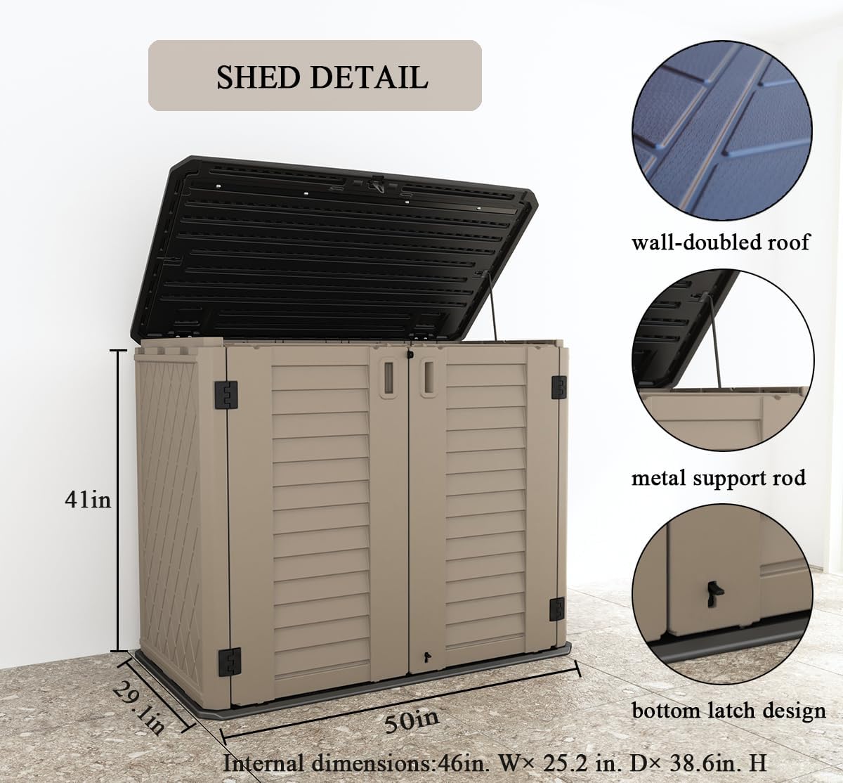 KINYING Outdoor Storage Shed - Horizontal Storage Cabinet Waterproof for Garden, Patio, Backyard, Storage Box for Easy Storage of Garbage Cans, Tools, Lawn Mower, 26 Cubic Feet,Dark Brown