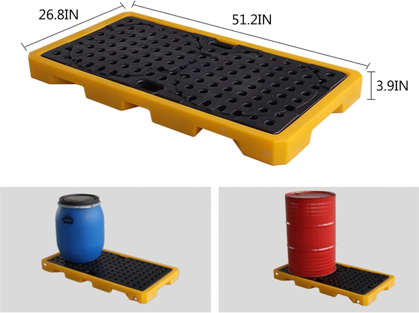 Drum Containment Spill Pallet, Industrial Nestable Oil Drums Leak-Proof Tray, Garage Storage Detachable Anti Slip Polyethylene Platform with Drain (Color : Yellow-5 Pack, Size : 51.2"x26.8"x