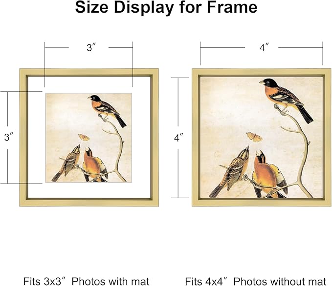 4x4 Picture Frame, Brass Metal Photo Frames with HD Glass, Fits 3x3 with Mat or 4 x 4 without Mat, Display for Wall and Table, 1 Pack