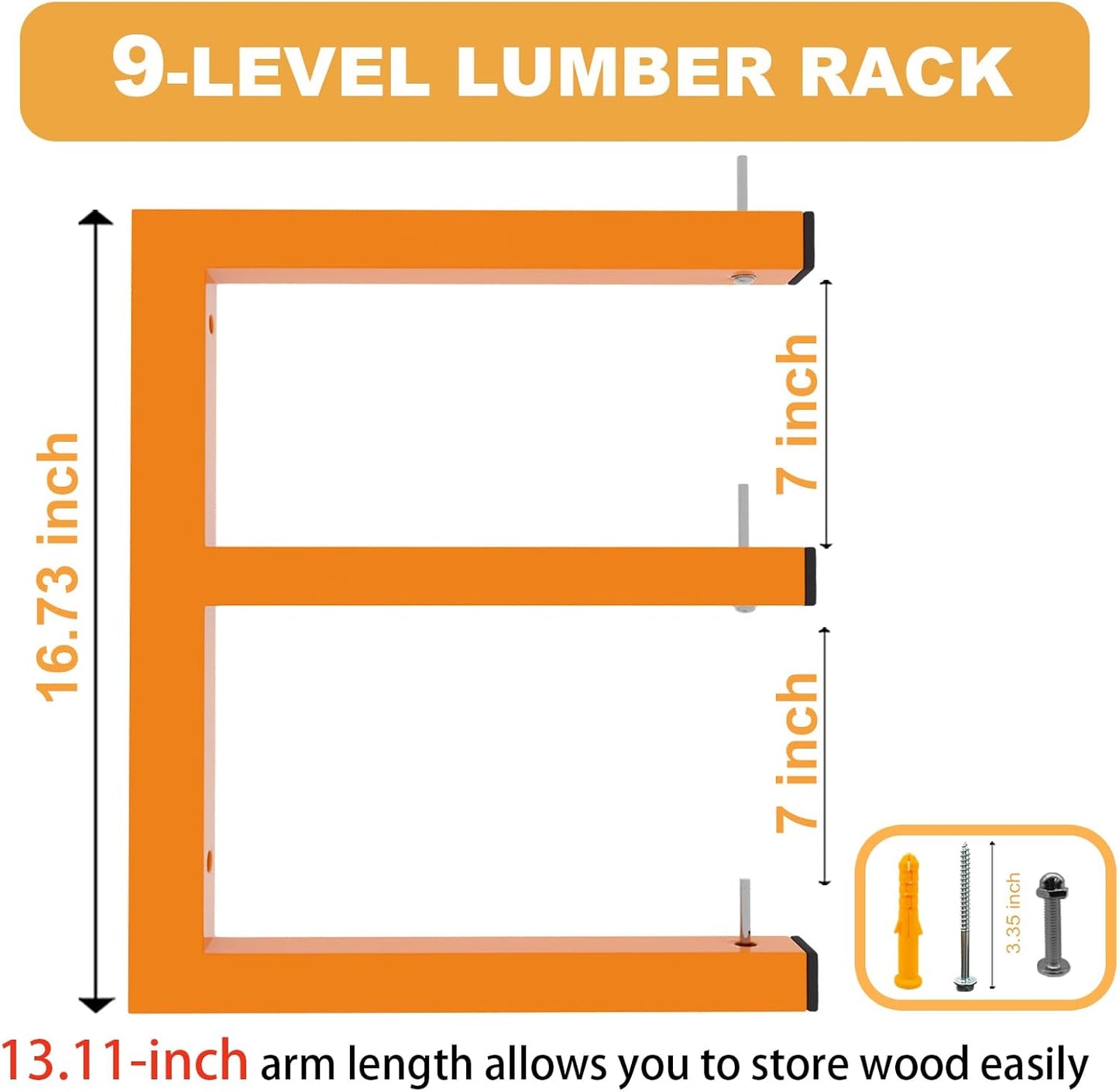 6 Pack Wall-Mounted Lumber Rack, Heavy Duty Wood Storage Racks, 9-Level System Garage Shelving, 1980 LBS Capacity Hanging Organizer Shelves, Orange Brackets Utility Metal Shelf for Indoor and Outdoor